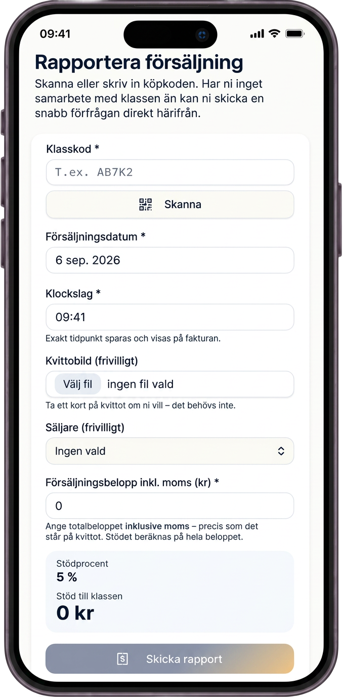 Mobiltelefon som visar sidan Rapportera försäljning, där affären registrerar ett köp med klassens köpkod